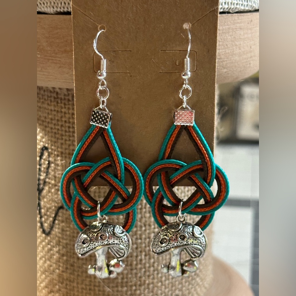 Hand Crafted Bohemian Knot Earrings with Silver Mushroom Charms